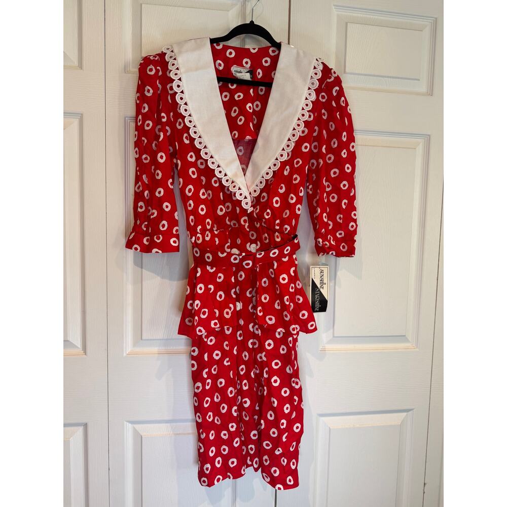 New Deadstock Vintage Sunshine Red White Circle Faux Wrap Dress Lace Belted